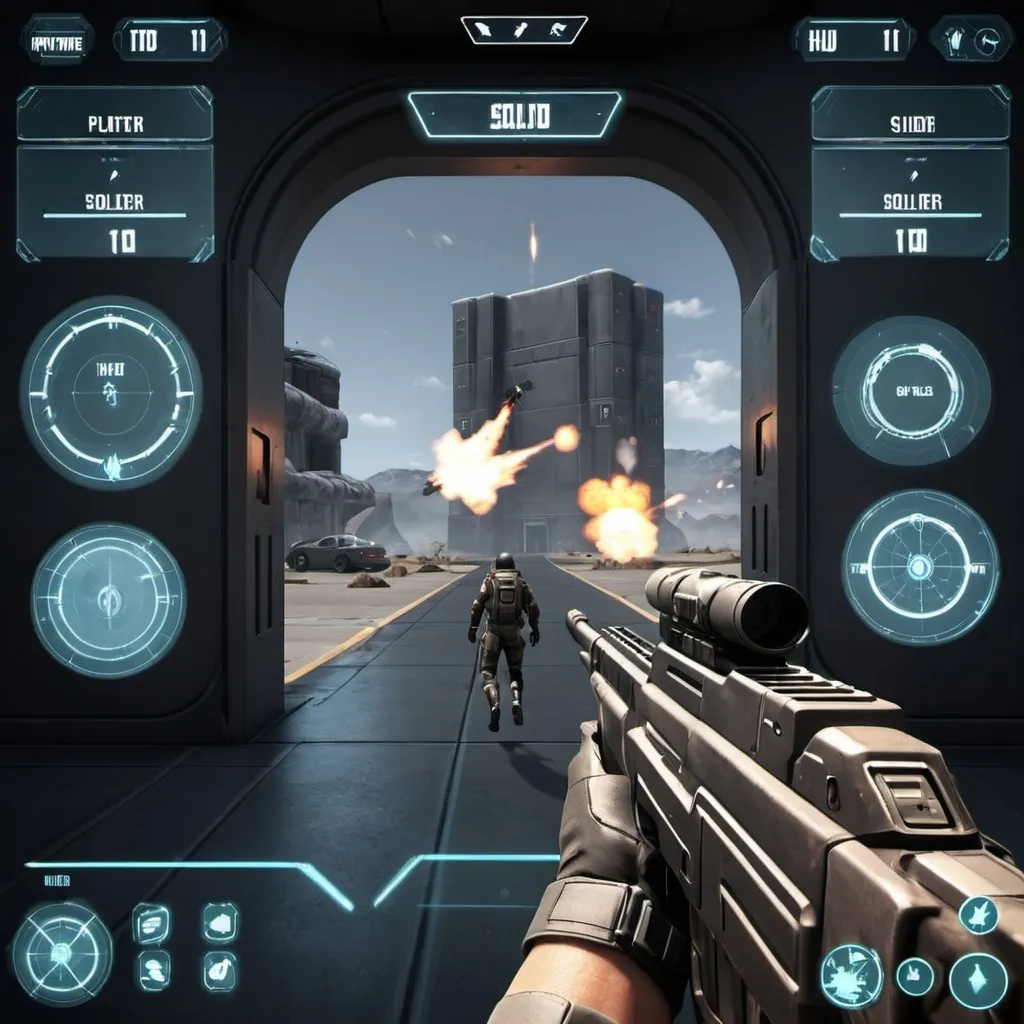 Prompt: fps game with HUD user interface, jet pack soldier,UI hud