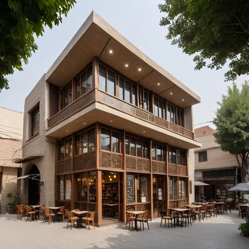 Prompt: Exterior view Combination of book cafe with Iranian architecture and modern style book cafe on 2 floor 