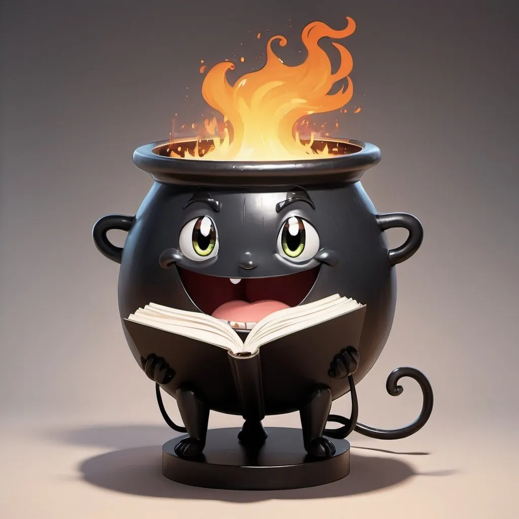 Prompt: A big cartoony cauldron who is reading a manga book happily