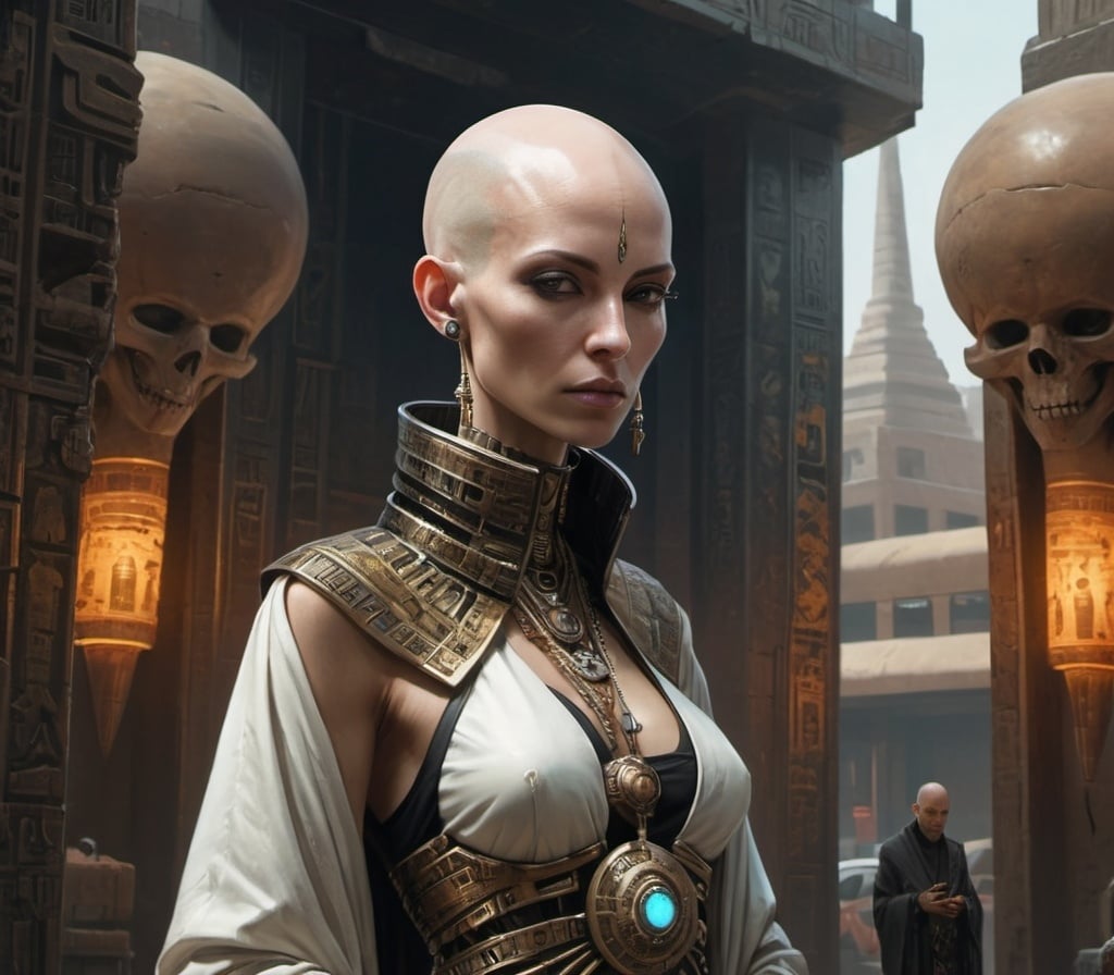 Prompt: bald-headed female priestess with elongated skull wearing elaborate robes, cyberpunk Babylonian city setting, cone head
