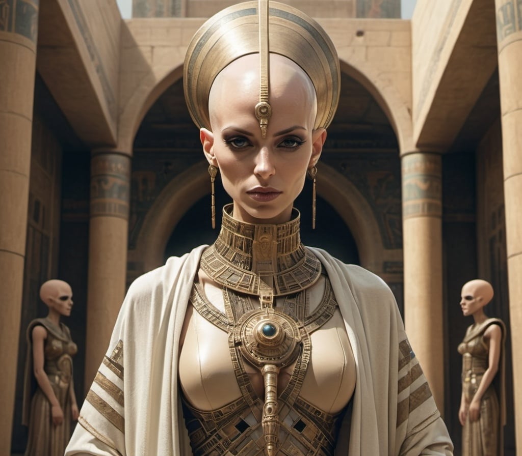 Prompt: bald-headed female priestess with elongated skull wearing elaborate robes, retro-futurism Babylonian city setting
