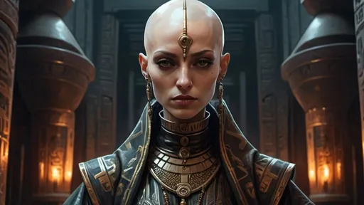 Prompt: bald-headed female priestess with elongated skull cone-headed wearing elaborate robes, cyberpunk Babylonian city setting
