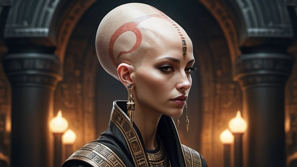 Prompt: bald-headed female priestess with elongated skull cone-headed wearing elaborate robes, cyberpunk Babylonian city setting
