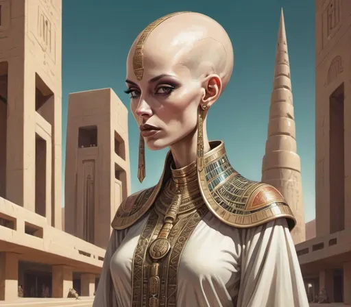 Prompt: bald-headed female priestess with elongated skull wearing elaborate robes, retro-futurism Babylonian city setting
