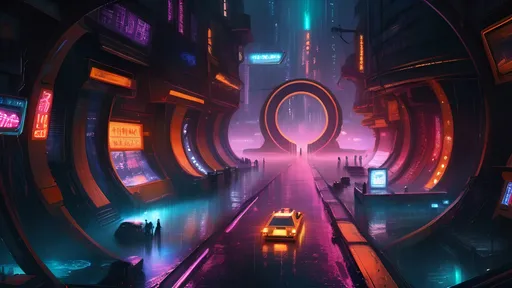 Prompt: futuristic cityscape, there is a giant portal gate to the underworld stradling the main thoroughfare, night, rain, heavy rain, tiny neon signs, reflective street surfaces, in the art style of blade runner, hovercraft, realistic water, looking down from above, coruscant, 