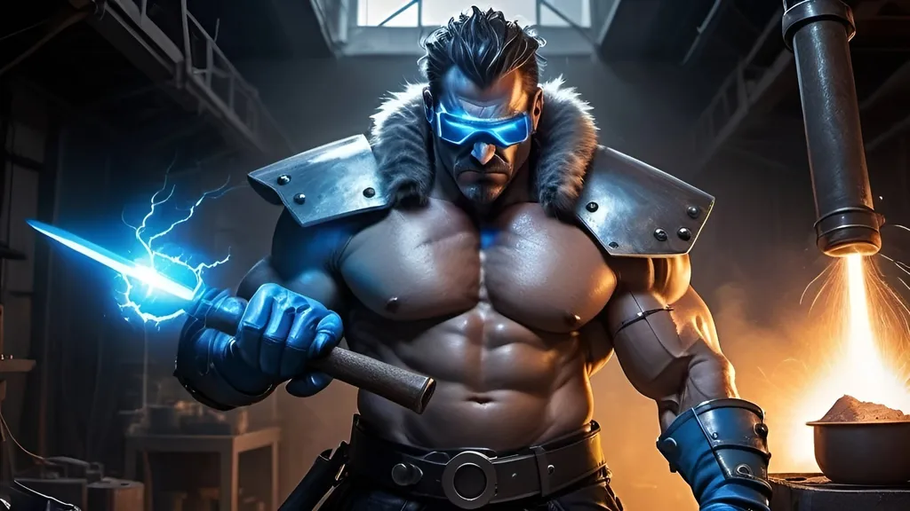 Prompt: barbarian prometheus wearing futuristic blue cyclops welding goggles and leather gloves harnesses the power of lighting in order to forge steel with his hammer and tongs at his forge, cyberpunk, tech-noir dystopia, futurism, dark fantasy, stormy sky, lightning, mad scientist laboratory setting