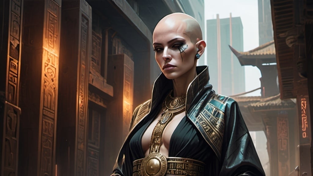 Prompt: bald-headed female priestess with elongated skull wearing elaborate robes, cyberpunk Babylonian city setting
