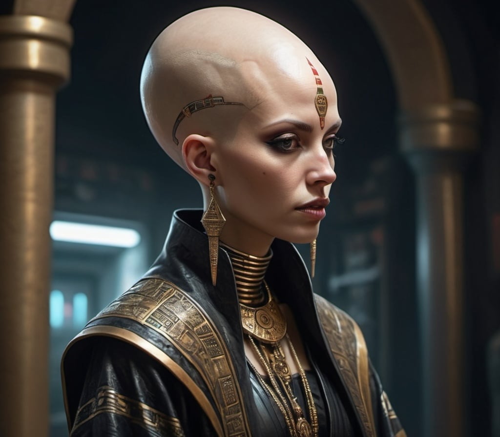 Prompt: bald-headed female priestess with elongated skull cone-headed wearing elaborate robes, cyberpunk Babylonian city settin
