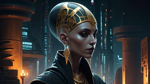 Prompt: bald-headed female priestess with elongated skull cone-headed wearing elaborate robes, cyberpunk Babylonian city setting, dark night
