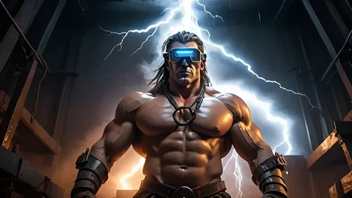 Prompt: barbarian prometheus wearing futuristic welding goggles harnesses the power of lighting in order to forge steel at his forge, cyberpunk, tech-noir dystopia, futurism, dark fantasy, stormy sky, lightning, mad scientist laboratory setting