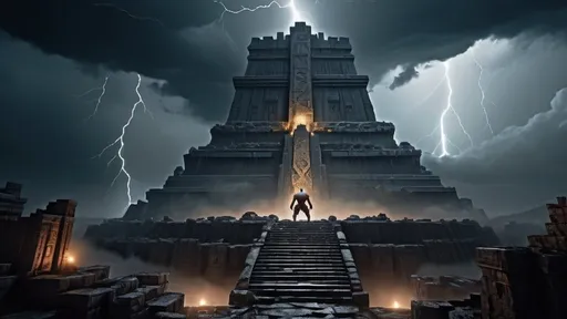 Prompt: giant barbarian god Prometheus with back to camera climbs a ziggurat with a blazing furnace inside of it, Clint Cearley, fantasy art, unreal engine 5, a detailed matte painting, jungle ruins setting, ancient sumerian architecture, stormy night sky, lightning, dark night, heavy rain