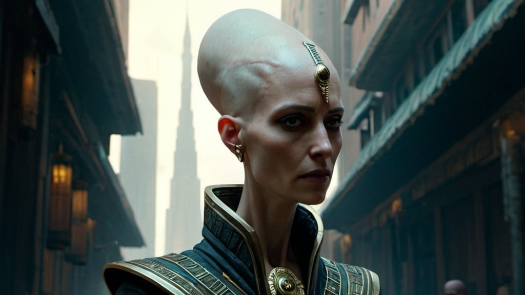 Prompt: bald cone-headed female priestess with elongated skull wearing elaborate robes, cyberpunk Babylonian city setting
