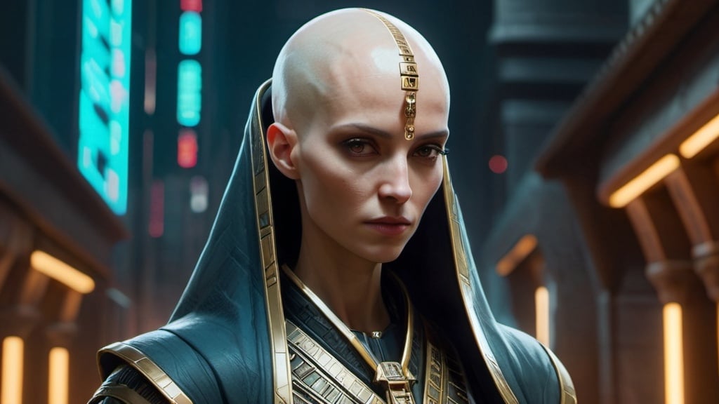 Prompt: bald cone-headed female priestess with elongated skull wearing elaborate robes, cyberpunk Babylonian city setting
