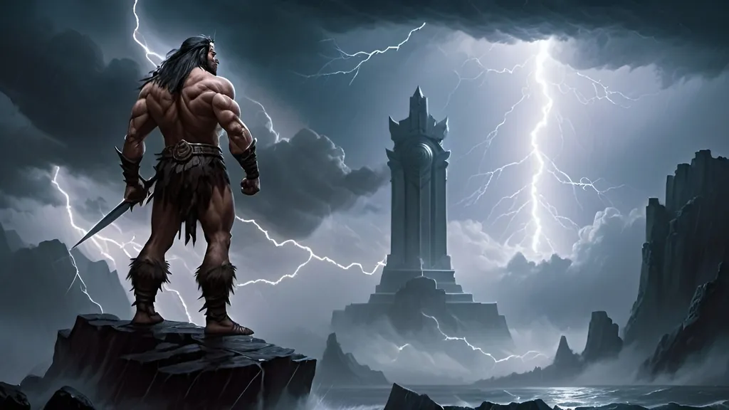 Prompt: a barbarian man standing in front of a giant statue in a storm filled sky with lightning behind himand a lightning bolt in the sky, Christophe Vacher, fantasy art, dark fantasy art, a detailed matte painting