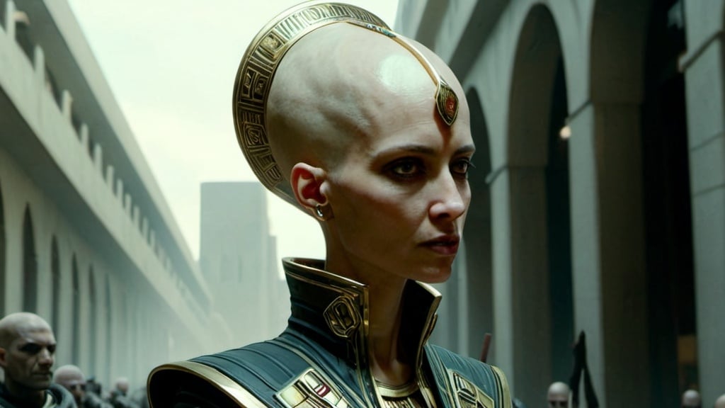 Prompt: bald cone-headed female priestess with elongated skull wearing elaborate robes, cyberpunk Babylonian city setting
