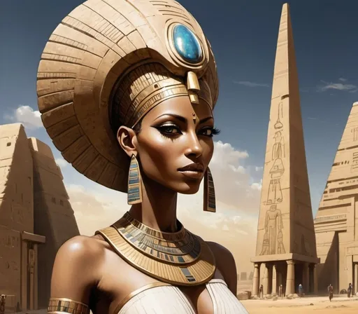 Prompt: anunaki goddess with elongated head, afro-futurism egyptian city setting
