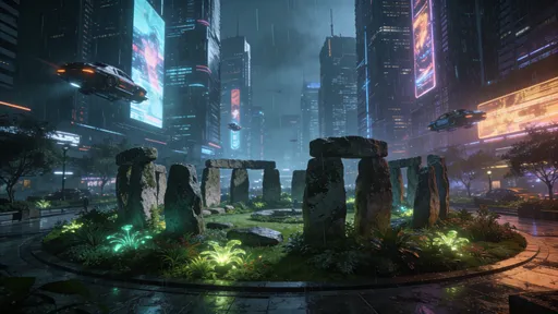 Prompt: futuristic cityscape in the style blade runner, there is a stonehenge ensconced in a garden park in a central plaza