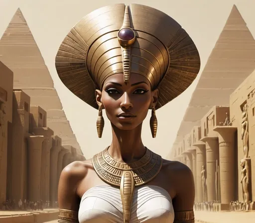 Prompt: anunaki goddess with elongated head, afro-futurism egyptian city setting
