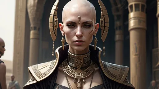 Prompt: bald-headed female priestess with elongated skull wearing elaborate robes, cyberpunk Babylonian city setting
