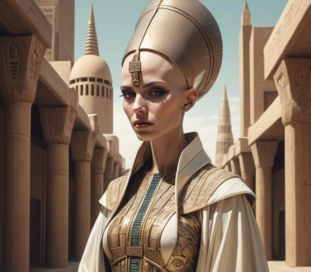 Prompt: bald-headed female priestess with elongated skull wearing elaborate robes, retro-futurism Babylonian city setting
