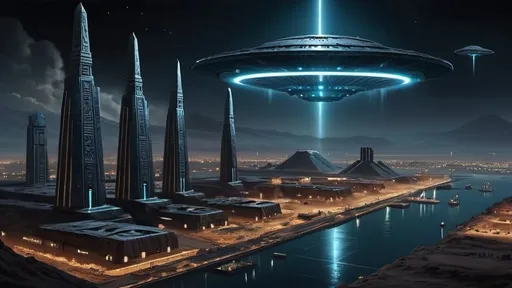 Prompt: anunnaki city of eridu, neo-babylonian, babylonian, cyberpunk, tech noir, dark night, floating spaceships in background, ufo landing pad, ziggurat
