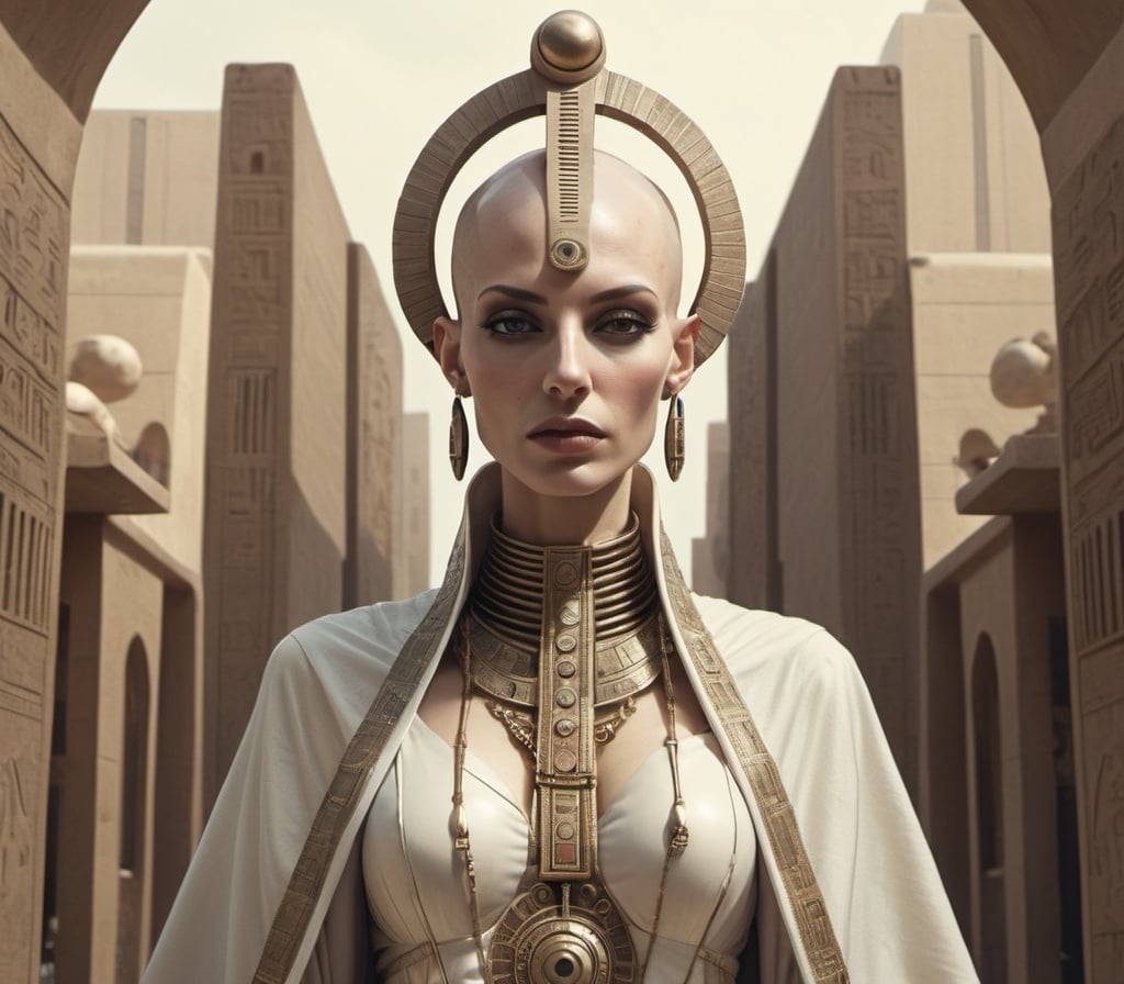 Prompt: bald-headed female priestess with elongated skull wearing elaborate robes, retro-futurism Babylonian city setting
