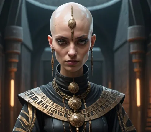 Prompt: bald-headed female priestess with elongated skull cone-headed wearing elaborate robes, cyberpunk Babylonian city settin
