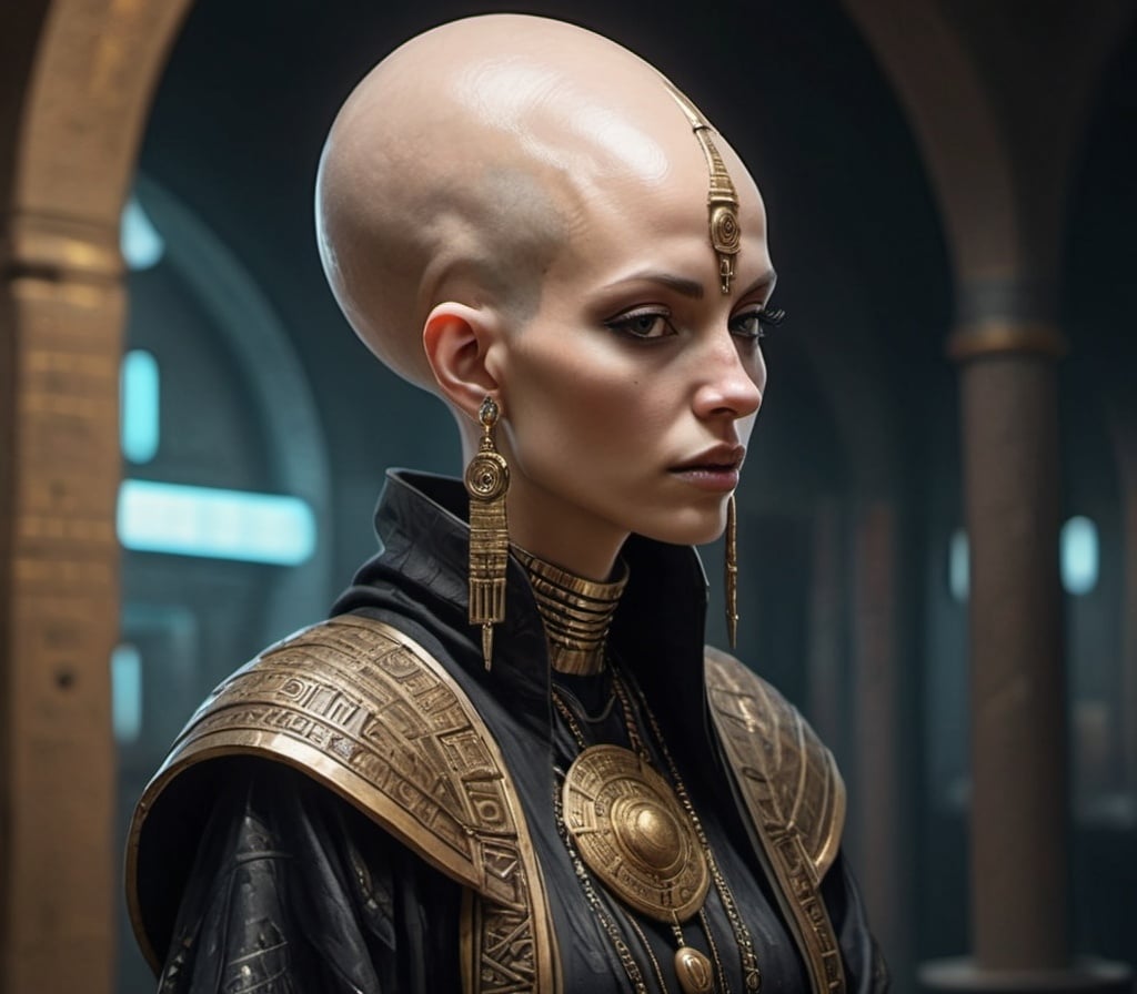 Prompt: bald-headed female priestess with elongated skull cone-headed wearing elaborate robes, cyberpunk Babylonian city settin
