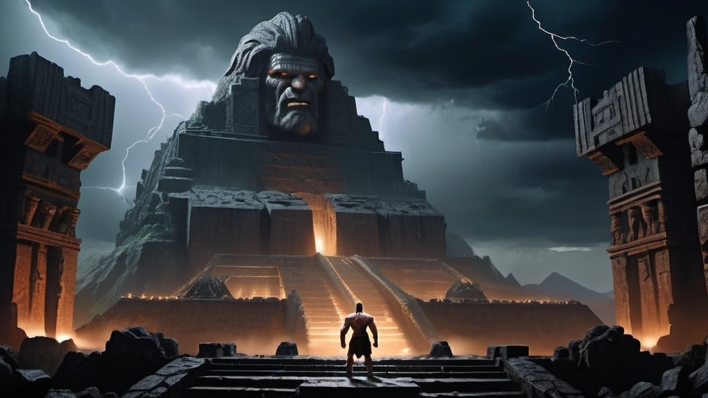 Prompt: giant barbarian god Prometheus in the foreground with back to camera stands before a ziggurat in with a blazing furnace inside of it, fantasy art, a detailed matte painting, jungle ruins setting, ancient sumerian architecture, stormy night sky, lightning, dark night, heavy rain