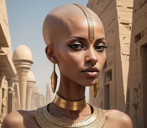 Prompt: bald-headed female goddess with elongated skull, afro-futurism egyptian city setting
