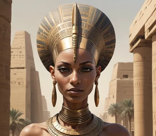 Prompt: bald anunaki goddess with elongated head, afro-futurism egyptian city setting
