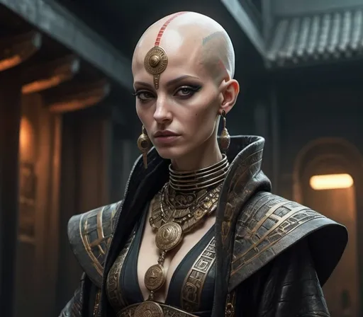 Prompt: bald-headed female priestess with elongated skull cone-headed wearing elaborate robes, cyberpunk Babylonian city settin
