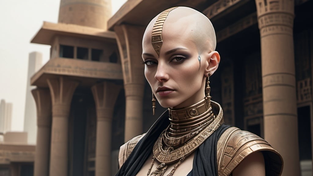 Prompt: bald-headed female priestess with elongated skull cone-headed wearing elaborate robes, cyberpunk Babylonian city setting
