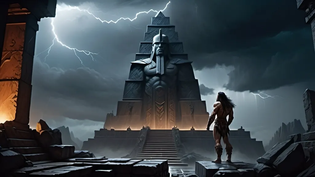 Prompt: a barbarian man standing in front of a giant statue in a storm filled sky with lightning behind her and a lightning bolt in the sky, Christophe Vacher, fantasy art, dark fantasy art, a detailed matte painting