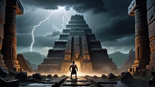 Prompt: giant barbarian god Prometheus in the foreground with back to camera stands before a ziggurat in with a blazing furnace inside of it, fantasy art, a detailed matte painting, jungle ruins setting, ancient sumerian architecture, stormy night sky, lightning, dark night, heavy rain