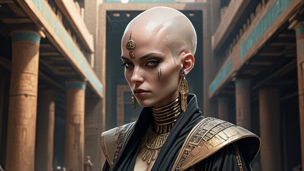 Prompt: bald-headed female priestess with elongated skull wearing elaborate robes, cyberpunk Babylonian city setting
