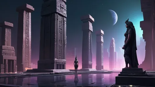Prompt: anunnaki city of eridu, neo-babylonian, babylonian, megalithic statuary, cyberpunk, tech noir, spring night

