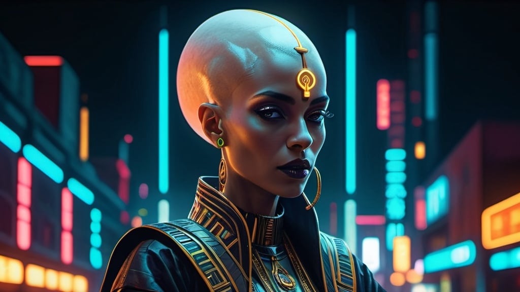 Prompt: bald-headed female priestess with elongated skull cone-headed wearing elaborate robes, cyberpunk Babylonian city setting, dark night, neon lights, smooth skin, high detail
