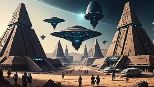 Prompt: anunnaki city of eridu, populated by cone-headed humanoids, neo-babylonian, babylonian, cyberpunk, tech noir, floating spaceships in background, spaceship landing pad, ziggurat
