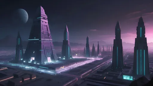 Prompt: anunnaki city of eridu, neo-babylonian, babylonian, cyberpunk, tech noir, spring night
