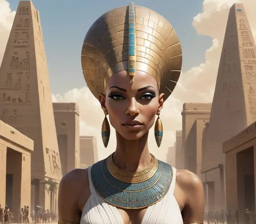 Prompt: bald-headed anunaki goddess with elongated head, afro-futurism egyptian city setting
