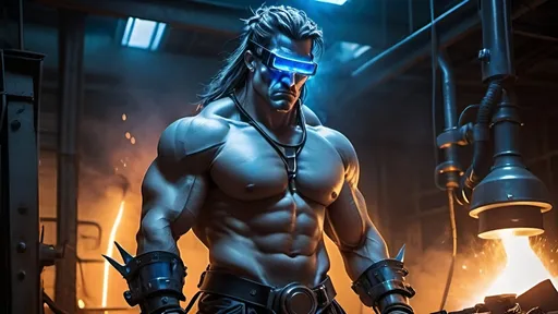 Prompt: barbarian prometheus wearing futuristic blue cyclops welding goggles harnesses the power of lighting in order to forge steel at his forge, cyberpunk, tech-noir dystopia, futurism, dark fantasy, stormy sky, lightning, mad scientist laboratory setting