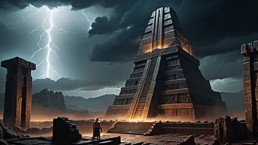 Prompt: giant barbarian god Prometheus in the foreground with back to camera stands before a ziggurat in with a blazing furnace inside of it, fantasy art, a detailed matte painting, jungle ruins setting, ancient sumerian architecture, stormy night sky, lightning, dark night, heavy rain