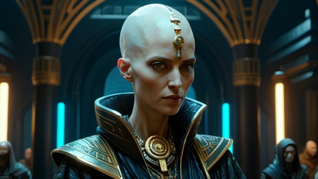 Prompt: bald cone-headed female priestess with elongated skull wearing elaborate robes, cyberpunk Babylonian city setting
