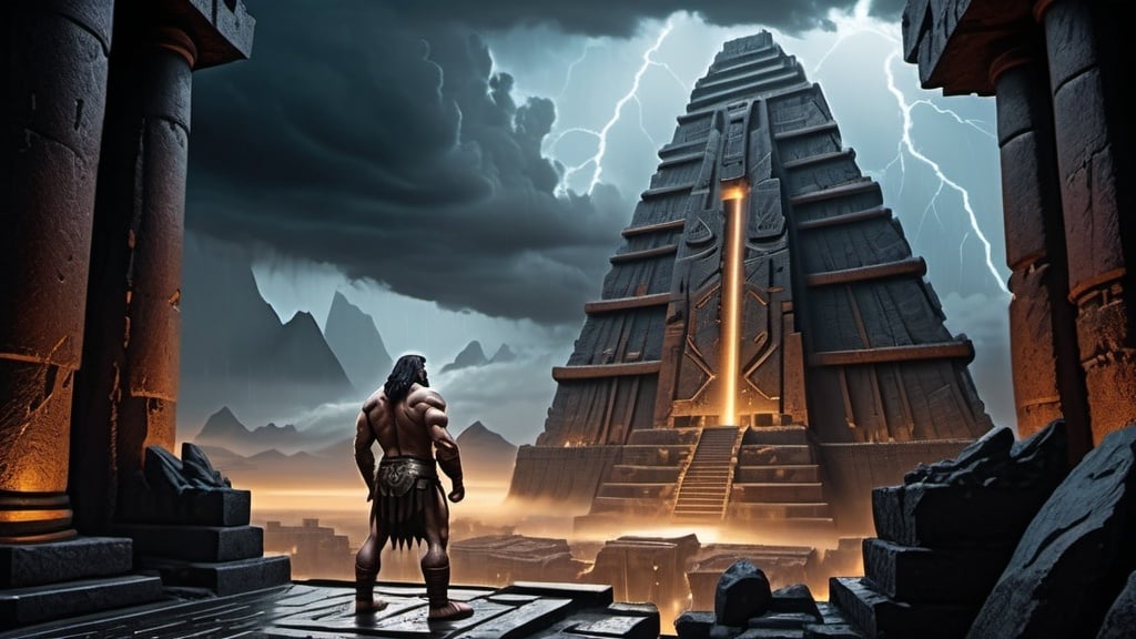 Prompt: giant barbarian god Prometheus in the foreground with back to camera stands before a ziggurat in with a blazing furnace inside of it, fantasy art, a detailed matte painting, jungle ruins setting, ancient sumerian architecture, stormy night sky, lightning, dark night, heavy rain