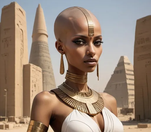 Prompt: bald-headed female goddess with elongated skull, afro-futurism egyptian city setting
