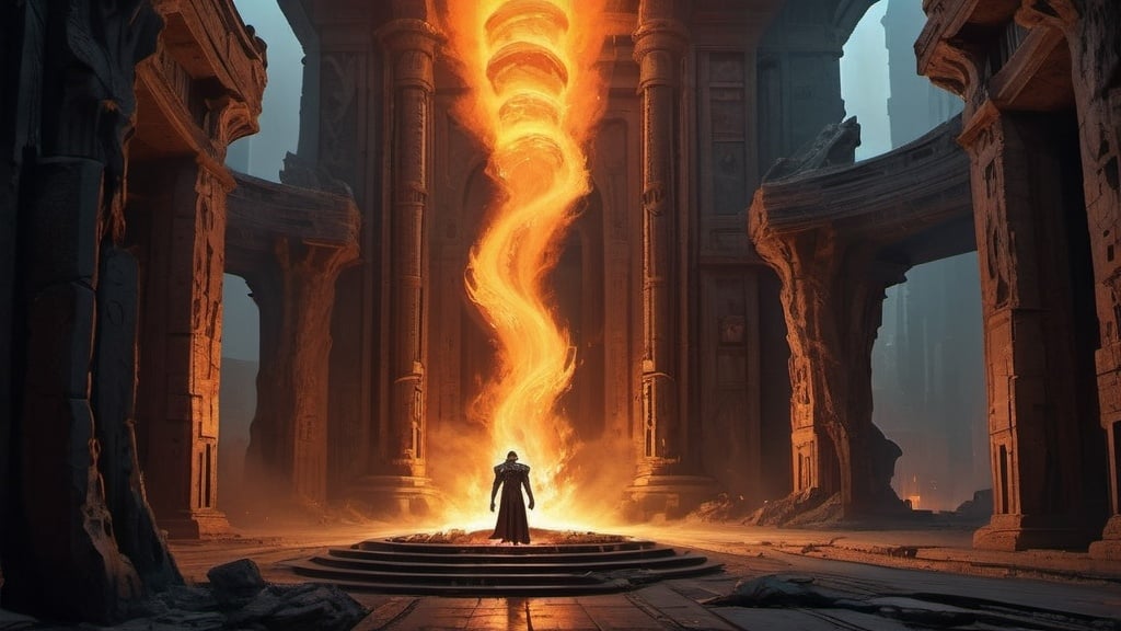 Prompt: techno-mage prometheus steals fire, primordial fantasy setting, kiln of the gods, monumental architecture, neolithic, cyberpunk, tech-noir, futurism