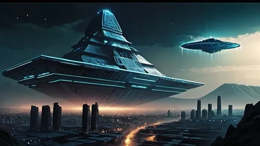 Prompt: anunnaki city of eridu, neo-babylonian, babylonian, cyberpunk, tech noir, dark night, floating spaceships in background, ufo landing pad, ziggurat
