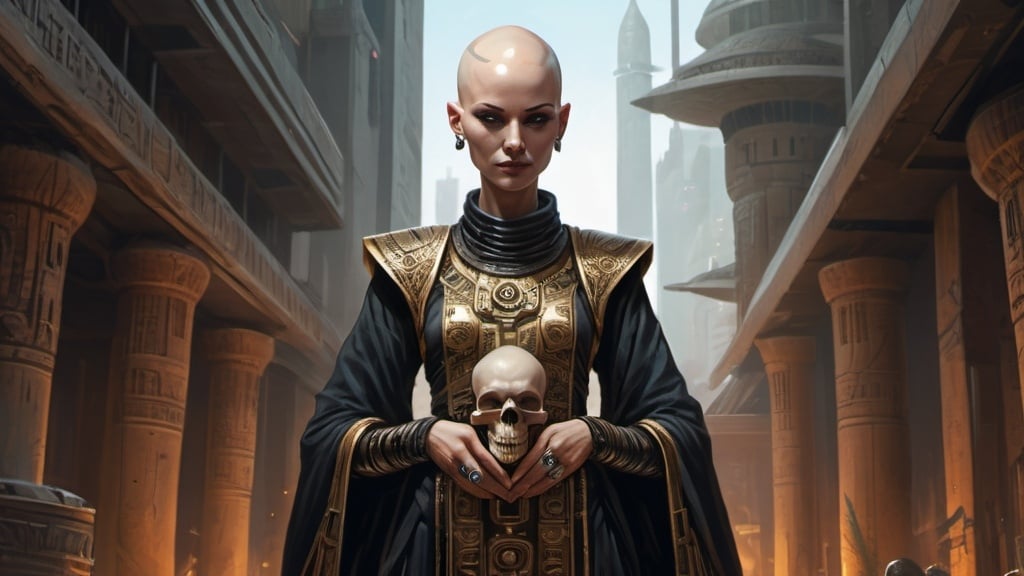 Prompt: bald-headed female priestess with elongated skull wearing elaborate robes, cyberpunk Babylonian city setting
