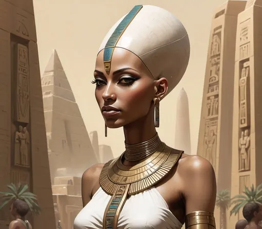 Prompt: bald anunaki goddess with elongated head, afro-futurism egyptian city setting
